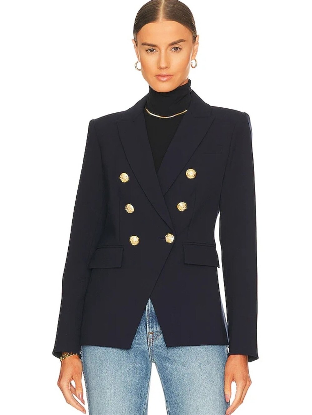 Classic Stretch Double-Breasted Black Blazer Jacket with Gold Buttons - Size 14